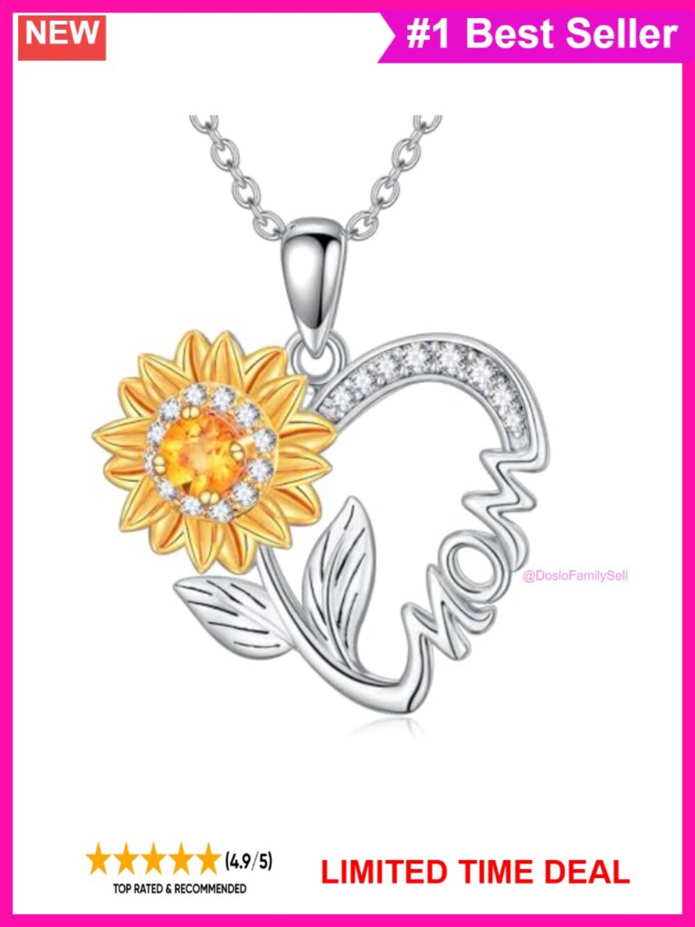 Natural Citrine 925 Sterling Silver Sunflower Heart Pendant Necklace 18in